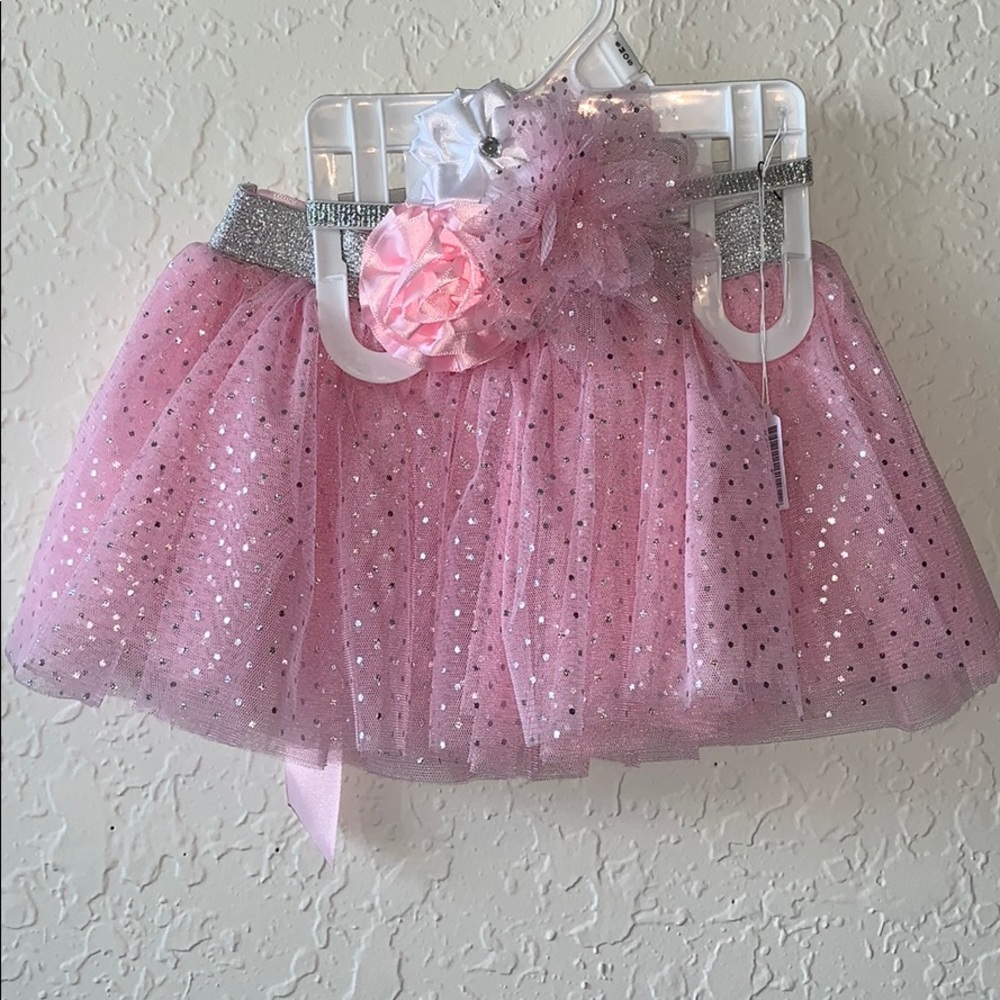 Pink & Silver Tulle Skirt  w/ Headband